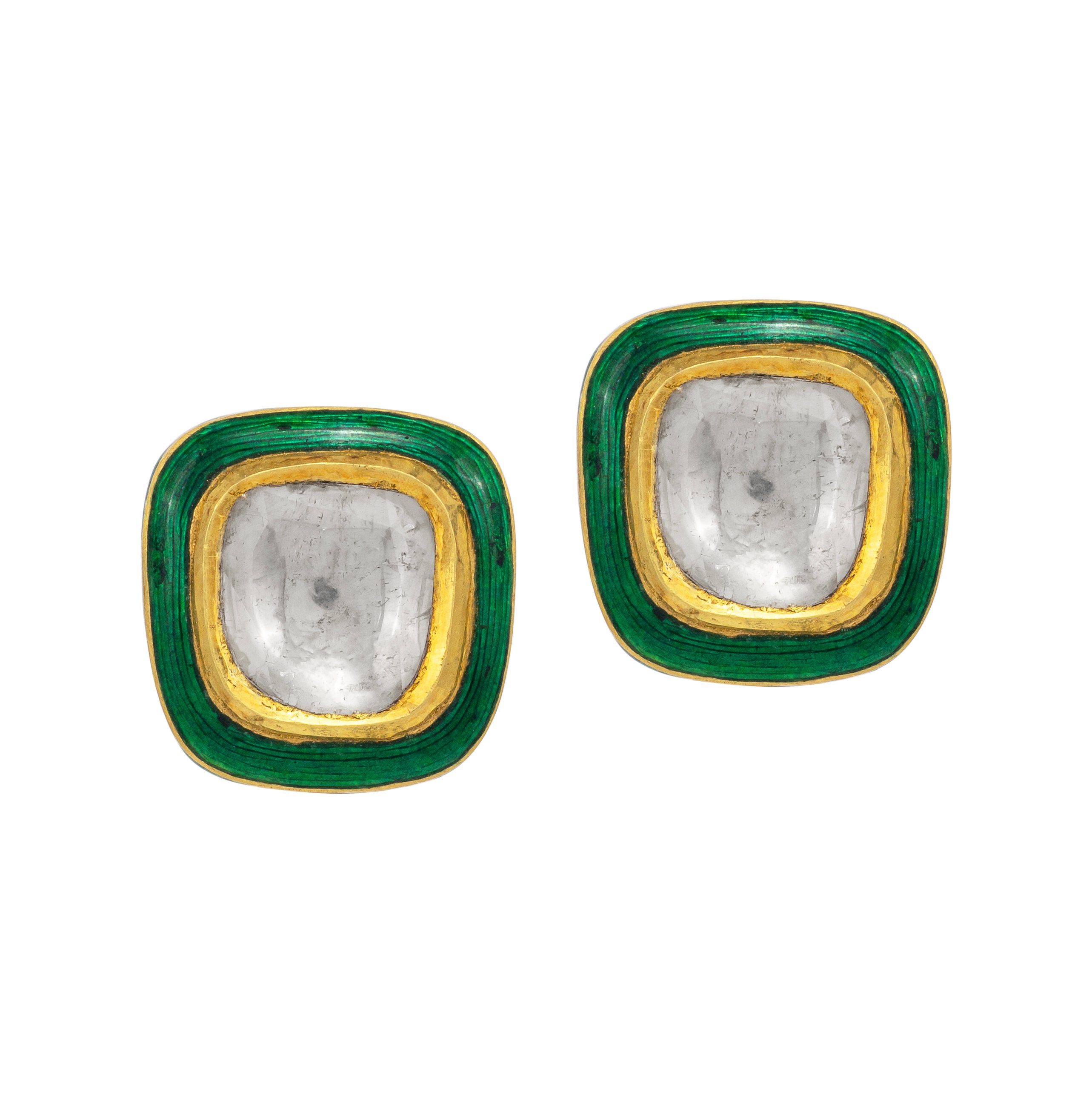 Square Polki Studs with Green Enamel Highlights